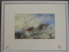 An oil painting, Ian Dunn, Pulling the Boat, Sunderland Point, signed, 16 x 26cm, plus frame and