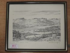 A print, after Alfred Wainwright, View from Orrest Head, signed, 16 x 20cm, plus frame and glazed
