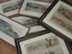 Four prints, after Wright, horses and hounds, each 10 x 27cm, a pair of prints, Huntbaches, 20 x