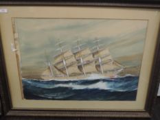 A watercolour, John W Hardcastle, Clyde clipper/ barque, Queen Margaret, signed, 50 x 70cm, plus