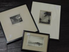 Three etchings, inc John Nicholls, hay barns, 9 x 10cm, plus frame and glazed