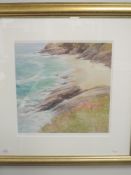 A print, after Steven Mcloughlin, watching the waves, indistinctly signed, 33 x 33cm, plus frame and