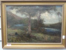 An oil painting, EHC, wood and lake landscape, indistinctly signed, 30 x 43cm, plus frame
