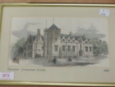 An engraving, Lancaster Grammar School, later coloured, dated 1855, 12 x 23cm, plus frame and