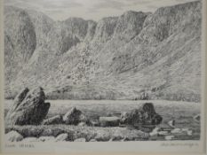 A pen and ink sketch, Alfred Wainwright, Cwn Idwal, (Wales) signed, 17 x 21cm, plus frame and
