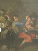 An oil painting, in the style of Cornelius Dusart, tavern scene, attributed verso, 28 x 26cm, plus