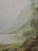 A watercolour, EAJ, Lake landscape, indistinctly signed, 34 x 24cm, plus frame and glazed