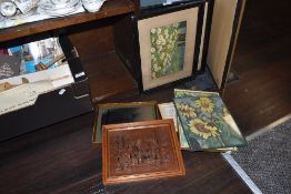 A selection of prints and pictures including copper etched and similar
