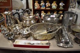 A selection of silver plated tea wares and similar including tea set by Yeoman plate