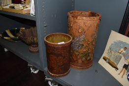 Two embossed leather work waste paper baskets or stick stands