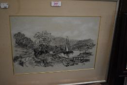 An original sketch on paper of a working river side dated 1901 signed B.L.L.E.E