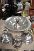 A pair of HM silver candle sticks AF and pewter pieces by Shirley