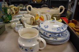 A collection of ceramics including blue and white ware, lustre jugs and Arthur wood vase or urn.