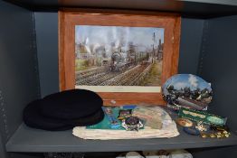 A shelf of Railwayanan including 2 Military Train Uniform Buttons, British Transport Police Badge,