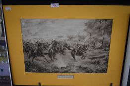 A lack and white period print of military cavalry