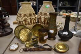 A selection of Indian brass wares including a fine cloisonne vase and a pair of Bretby style vase