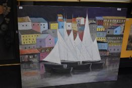 A large abstract acrylic of canvas of a ship in dock also a pheasant print and Heaton Cooper print