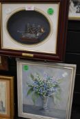 An acrylic on board of a still life signed B Smeddles and cased glass ship
