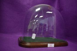 An early 20th century blown glass dome with mahogany base 30cm wide by 26cm tall and 19cm wide