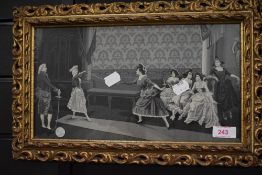 A pair of machine woven pictures of Georgian life in ornate frames