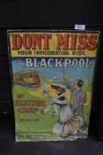 An early 20th century advertising poster for Blackpool electric cars or trams with age related wear