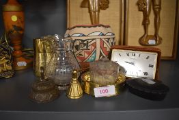 A selection of curios including brass ware and Indian bidri ware pill case