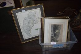 A selection of late Victorian prints including Cumberland map and Derbyshire scenes