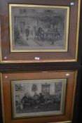 A Victorian print of men outside a tavern in an ornate oak frame