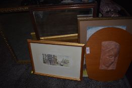 A selection of art works including terracotta plaque, water colour of Venice and mirrors