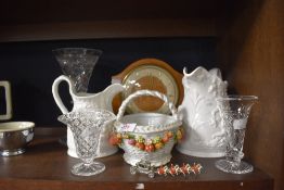 A selection of fine ceramics and glass wares including porcelain fruit bowl and pair of