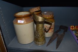Three stone ware salt glazed jars and a pair of sheep shears
