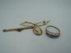 Three pieces of yellow metal jewellery stamped 375/9ct including bar brooch, cameo bar brooch and
