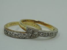 A pair of 18ct gold half eternity rings each having nine diamond chips in pave set mounts, size O