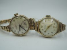 Two 9ct gold lady's vintage wrist watches, both having Arabic numeral dials and gold plated