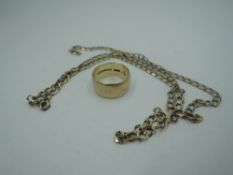 A 9ct gold wedding band of broad form, size K & 5g and a flat curb link chain(AF) approx 5.7g