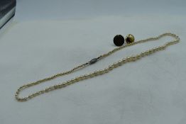 A string of graduated cultured pearls, approx 20' an HM silver stud and a 9ct gold clip earring,
