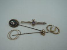 A small selection of yellow metal jewellery including stick pin stamped 9ct & bar brooch stamped
