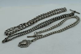 Three HM silver curb link watch chains of various forms, approx 155g