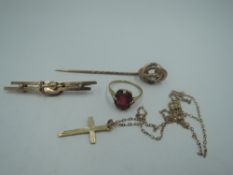 A small selection of 9ct gold and yellow metal including a bar brooch, dress ring etc, approx 7g