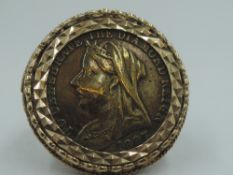 A gent's 9ct gold ring bearing a Queen Victoria Diamond Jubilee removable disc, size W & approx 9g