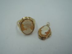 A yellow metal dress ring stamped 10K having a conch shell cameo plaque bearing a maiden in profile,