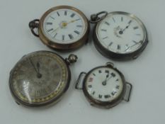 Two white metal pocket watches stamped silver, a gold plated pocket watch (plating worn off) and a