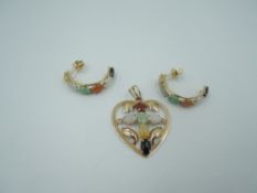 A pair of semi precious multi stone set stud hoop earrings with a matching pendant in yellow metal