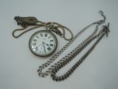 Two HM silver curb link watch chains, approx 63.4g and a base metal pocket watch by Limit having