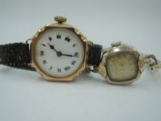 A lady's vintage 9ct rose gold wrist watch having Roman numeral dial with gilt minute dots to