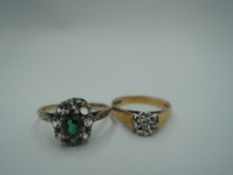 A diamond chip solitaire dress ring on a 9ct gold loop and a paste cluster ring on a yellow metal