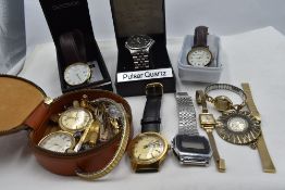 A selection of wrist watches including Timex, Sekonda, Pulsar, Casio A153, watch straps and