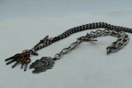 Two HM silver watch chains, with T bars, one having medalion, approx 145g