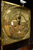 An 18th Century and later oak longcase clock having square pillar hood with 8 day movement and brass