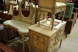 A selection of reproduction French style bedroom furniture to include dressing table, stool, and two